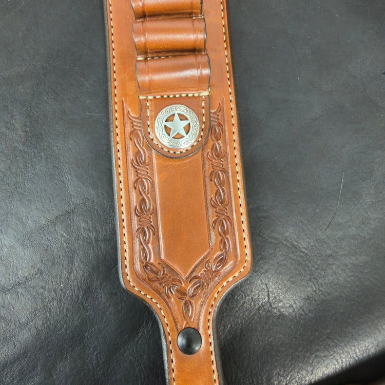 *In Stock* Guide Gun Rifle Sling & RH Butt Cover Bundle Saddle Oil Finish Barbed Wire Border - Busted B Leather