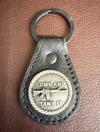 *In Stock* Leather Key Fob Black w/Antique Silver Come &amp; Take It Concho