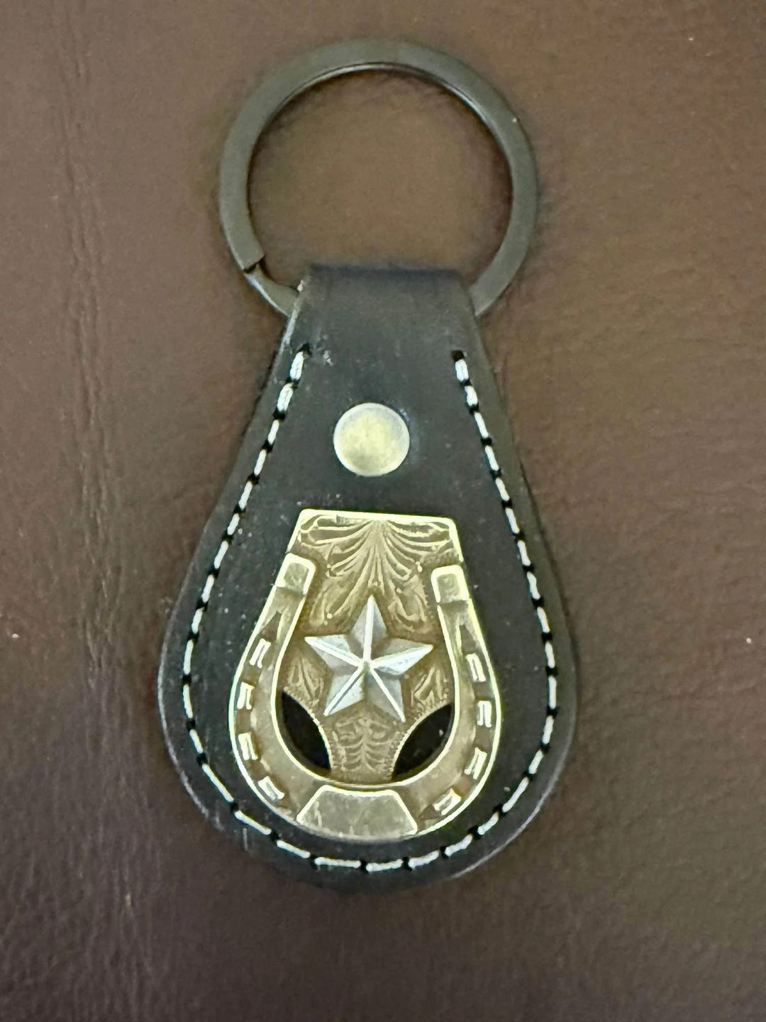 *In Stock* Leather Key Fob Black w/Antique Silver Horseshoe &amp; Star Concho