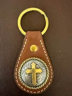 *In Stock* Leather Key Fob Saddle Oil Finish w/Antique Brass & Silver Rope Edge Cross Concho