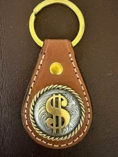 *In Stock* Leather Key Fob Saddle Oil Finish w/Antique Brass &amp; Silver Rope Edge Dollar Sign Concho