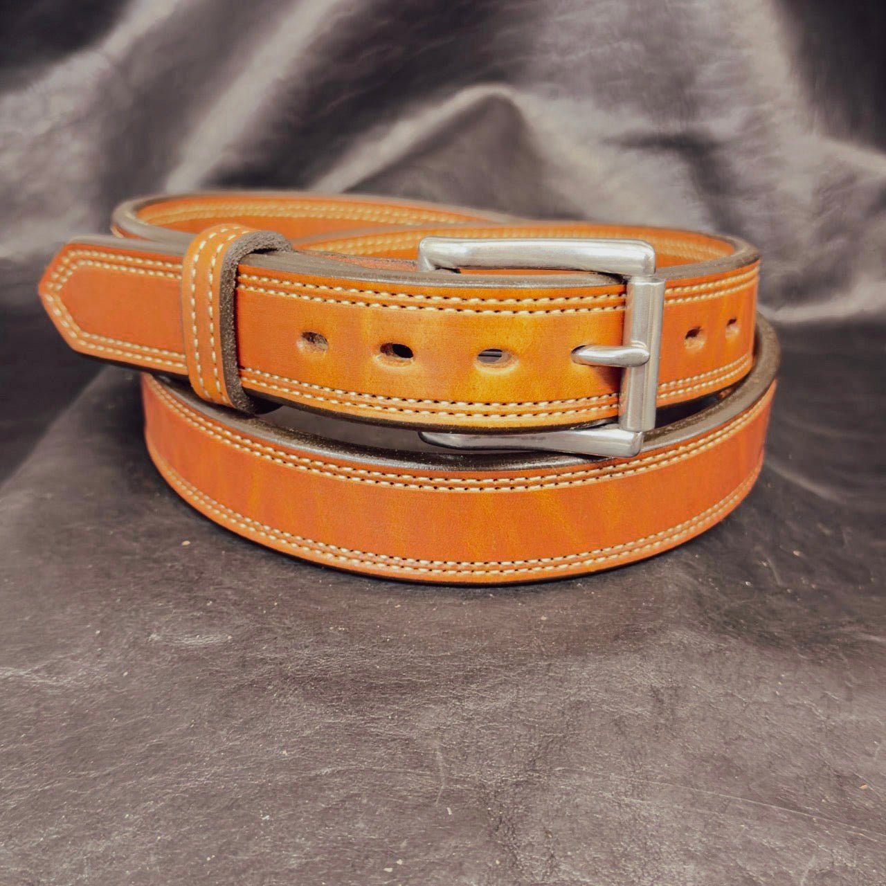 *In Stock* Perfectly Imperfect 1.25" Carry Belt .25" Thick Double Stitch Saddle Oil Finish Size 44 - Busted B Leather