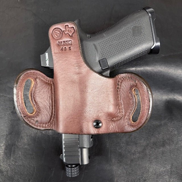 *Ammo Depot* ITEM #: 206 RH Belt Slide Unlined Holster Glock 43/43X/43X MOS/48 Havana w/Brown Stitch