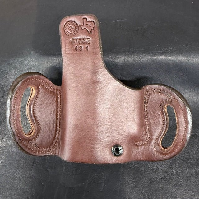 *Ammo Depot* ITEM #: 206 RH Belt Slide Unlined Holster Glock 43/43X/43X MOS/48 Havana w/Brown Stitch