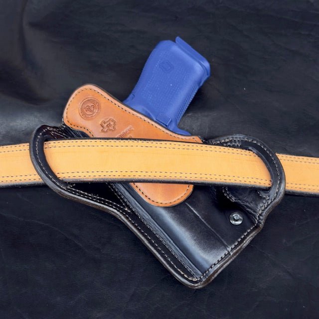 In Stock RH Texas Bodyguard Black w/Brown Stitch, Saddle Oil Basket Weave Trim for Glock 19 - Busted B Leather