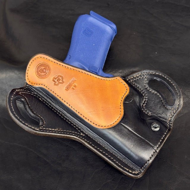 In Stock RH Texas Bodyguard Black w/Brown Stitch, Saddle Oil Basket Weave Trim for Glock 19 - Busted B Leather