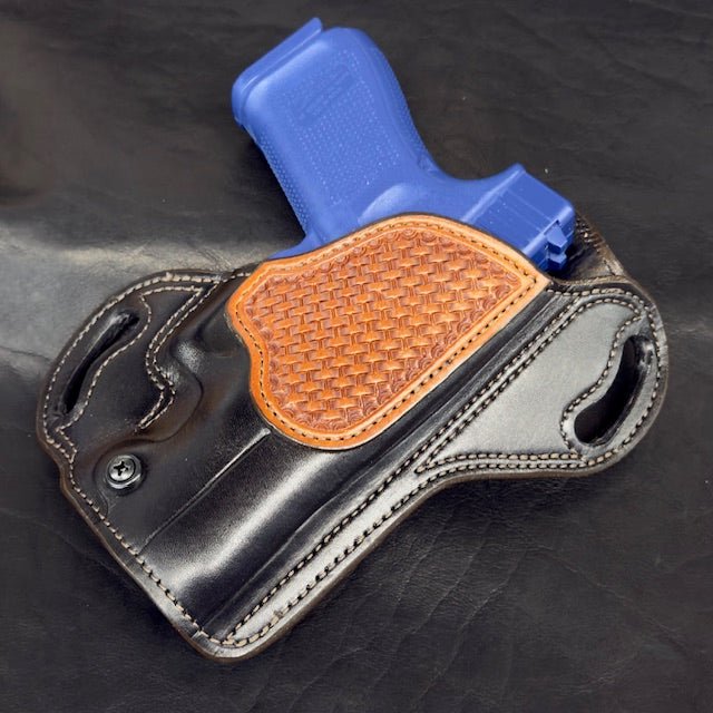 In Stock RH Texas Bodyguard Black w/Brown Stitch, Saddle Oil Basket Weave Trim for Glock 19 - Busted B Leather