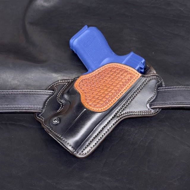 In Stock RH Texas Bodyguard Black w/Brown Stitch, Saddle Oil Basket Weave Trim for Glock 19 - Busted B Leather