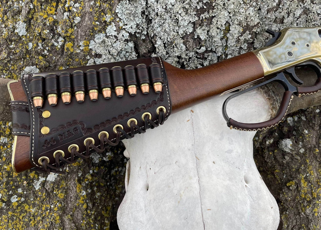 *Ammo Depot* RH Leather Butt-Cover w/Ammo Loops Henry Side Gate, Henry Big Boy Brass Rifles .44 Mag Saddle Oil Finish w/Natural Stitch &amp; Hand Tooled Crescent Border