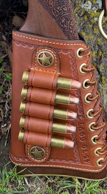 *Ammo Depot* RH Leather Butt-Cover w/Ammo Loops Henry Side Gate, Henry Big Boy Brass Rifles .44 Mag Saddle Oil Finish w/Natural Stitch & Hand Tooled Crescent Border