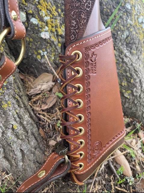*Ammo Depot* RH Leather Butt-Cover w/Ammo Loops Henry Side Gate, Henry Big Boy Brass Rifles .44 Mag Saddle Oil Finish w/Natural Stitch &amp; Hand Tooled Crescent Border