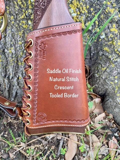 *Ammo Depot* RH Leather Butt-Cover w/Ammo Loops Henry Side Gate, Henry Big Boy Brass Rifles .44 Mag Saddle Oil Finish w/Natural Stitch &amp; Hand Tooled Crescent Border