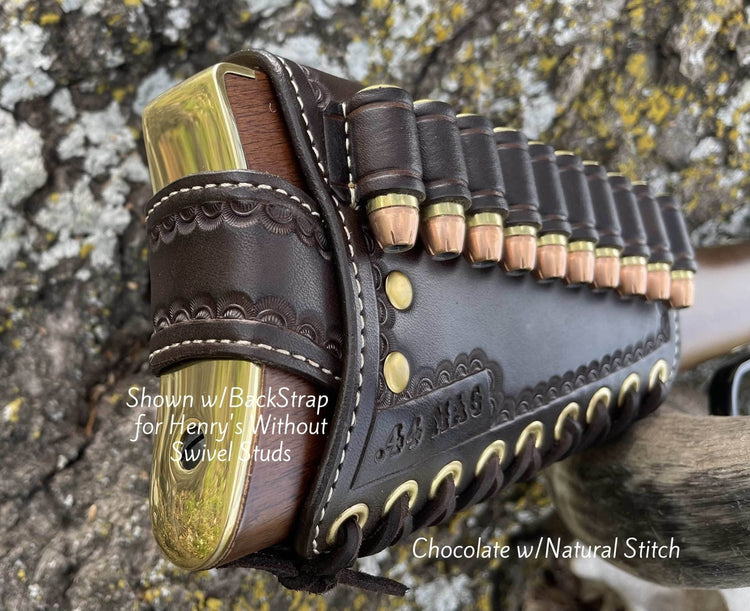 *Ammo Depot* RH Leather Butt-Cover w/Ammo Loops Henry Side Gate, Henry Big Boy Brass Rifles .44 Mag Saddle Oil Finish w/Natural Stitch & Hand Tooled Crescent Border