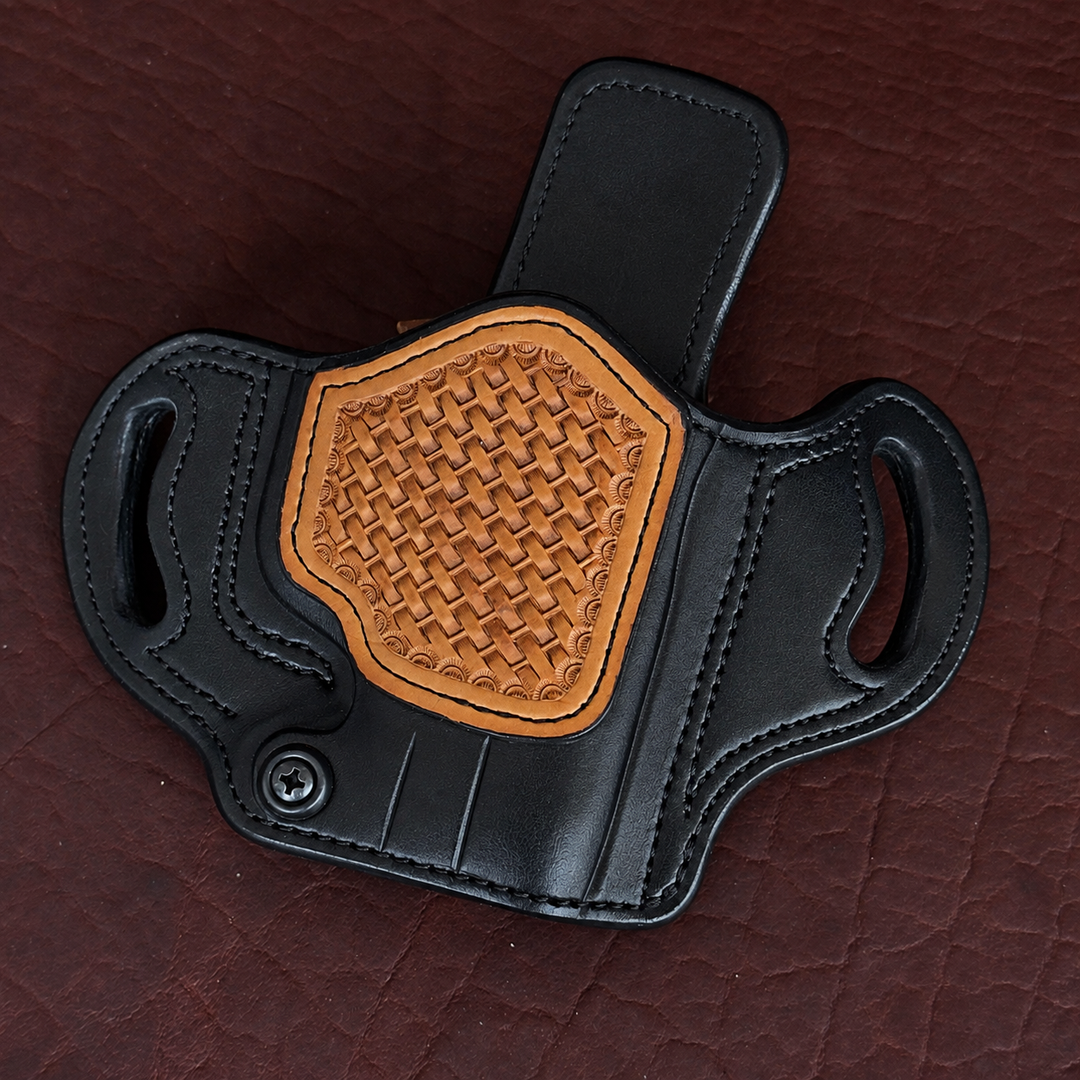 *In Stock* RH Ironside Holster H&amp;K CC9 - Black w/Hand Tooled Basket Weave Trim